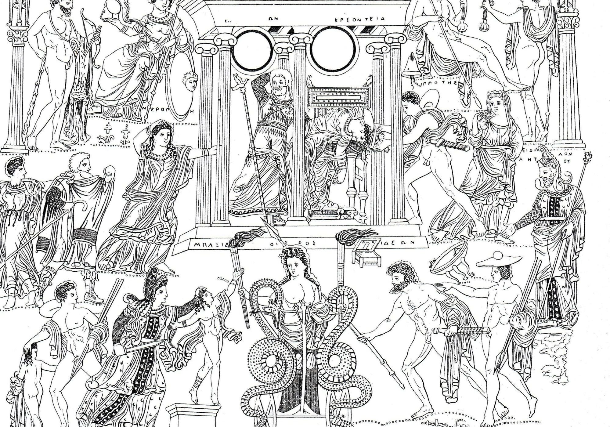 Copied from a Classic Greek vase, the image clearly shows the tragedy of Medea as it was performed, including stage properties and rich costume detail.