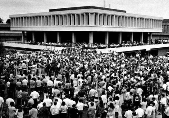 Fresno State College Anti-Cambodian Bombing rally. May 21, 1970. Mr. Eis is on the podium about to speak (Photo: Univ. Archives, Cal State Fresno)