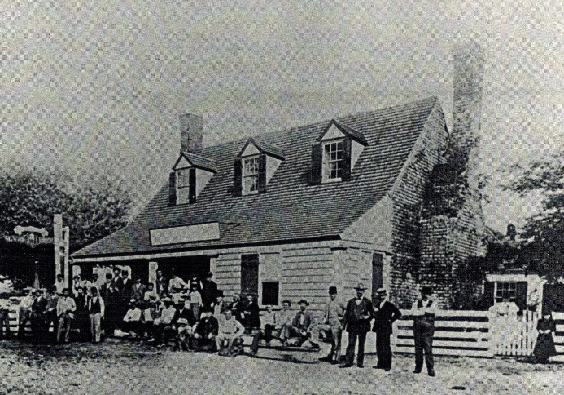 Photo, circa 1890-1895 of “locals” in front of what was erroneously attributed as the site of the first play in English in the New World. Russell E. Nixon, LSIT. Hurt & Proffitt, Lynchburg, VA, June 6, 2001.